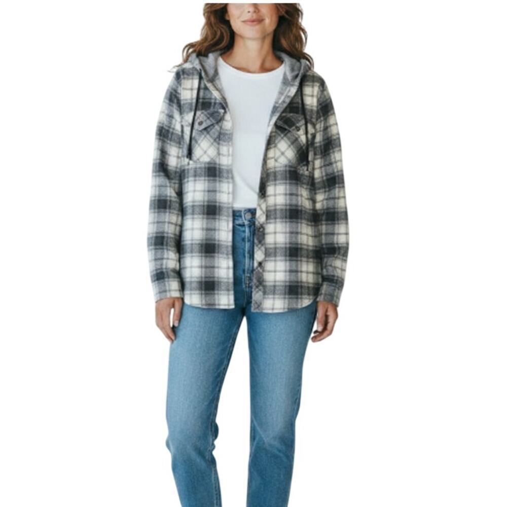 COLUMBIA Plaid Hooded Shirt-Shacket Women XL Gray Outdoor Cowgirl Western Y2K